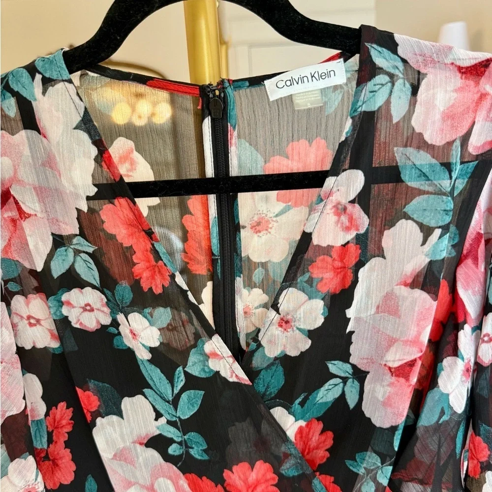 Calvin Klein Faux Wrap Black Red Floral Midi Wrap Dress - Size 8 - Picture 9 of 11